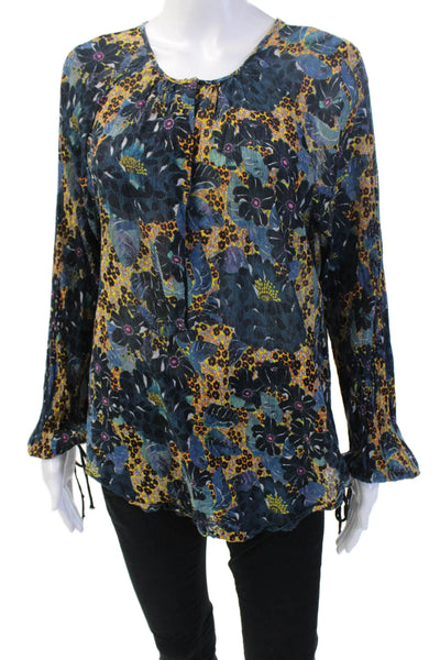 Raquel Allegra Women Boho Floral Tunic Blouse Dark Blue Long Sleeve Size 2