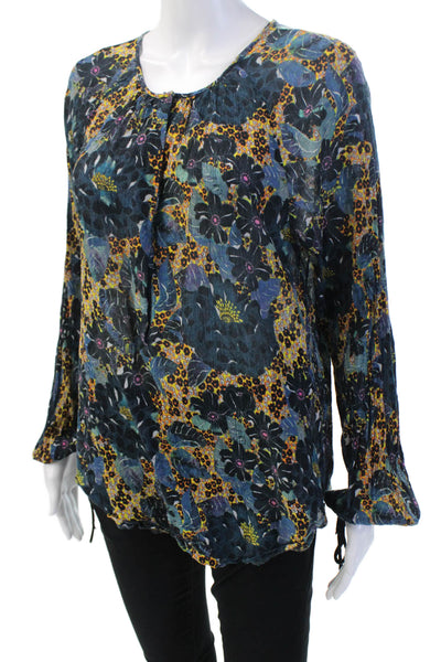 Raquel Allegra Women Boho Floral Tunic Blouse Dark Blue Long Sleeve Size 2