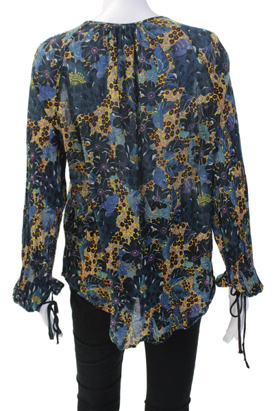 Raquel Allegra Women Boho Floral Tunic Blouse Dark Blue Long Sleeve Size 2