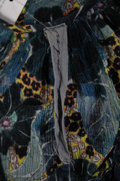 Raquel Allegra Women Boho Floral Tunic Blouse Dark Blue Long Sleeve Size 2