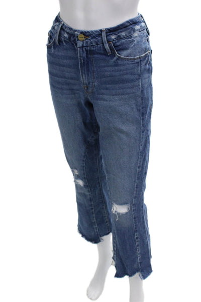 Frame Women Cropped Boyfriend Jeans Blue Mid Rise Button Size 27