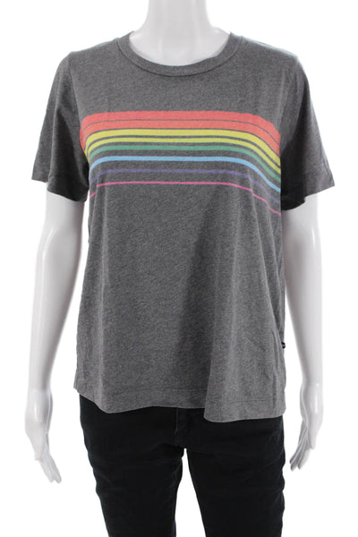 SOL ANGELES Women Striped Jersey Crewneck Short Sleeve Top Dark Gray Size L