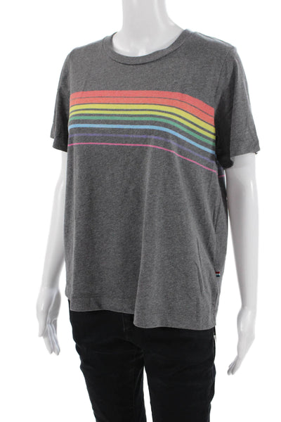 SOL ANGELES Women Striped Jersey Crewneck Short Sleeve Top Dark Gray Size L