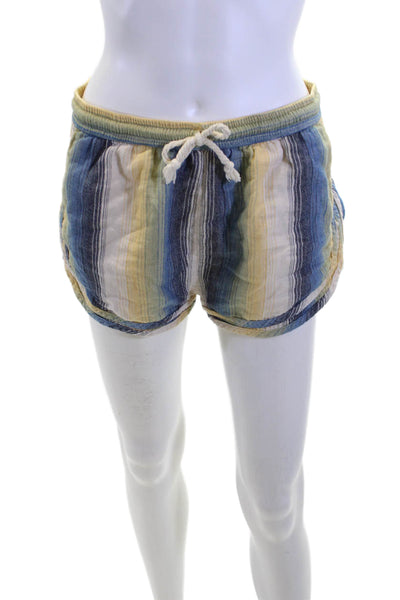 Warm Unisex Blue Striped Cotton Drawstring Beach Shorts Size S