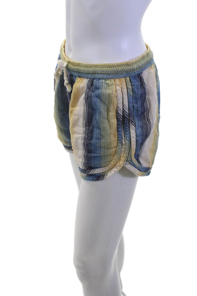 Warm Unisex Blue Striped Cotton Drawstring Beach Shorts Size S