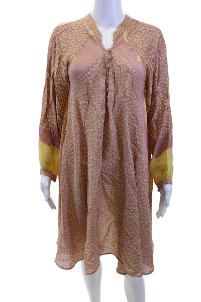 Natalie Martin Women Kaftan Dress Brown 100% Silk V-Neck Long Sleeve Size XS