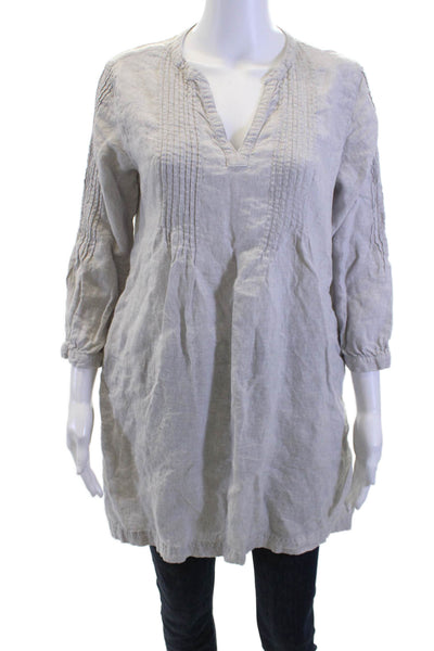 Tahari Women Tunic Linen V-Neck 3/4 Sleeve Gray Boho Size M
