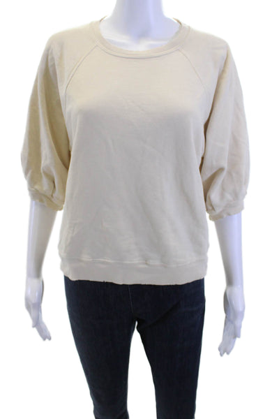 Amo Women Beige Cotton Crew Neck 3/4 Sleeve Pullover Sweatshirt Size XS