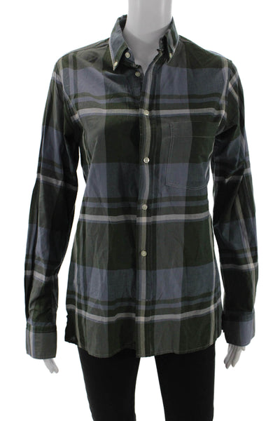 OFFICINE GENERALE Womens Plaid Collared Button-Up Dark Blue Cotton-Silk Size XS