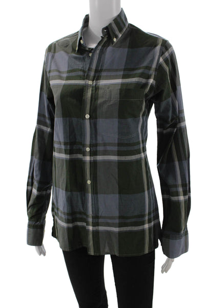 OFFICINE GENERALE Womens Plaid Collared Button-Up Dark Blue Cotton-Silk Size XS