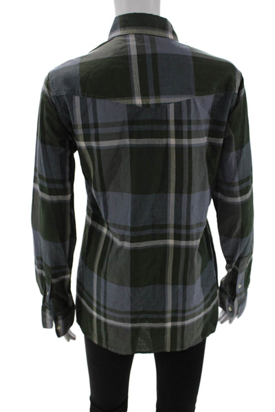 OFFICINE GENERALE Womens Plaid Collared Button-Up Dark Blue Cotton-Silk Size XS