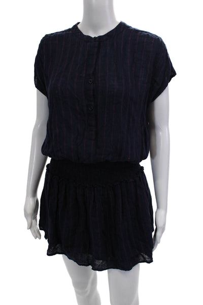 Rails Women Striped Dark Blue Linen Shirt Dress Short-Sleeve Petite Size XS