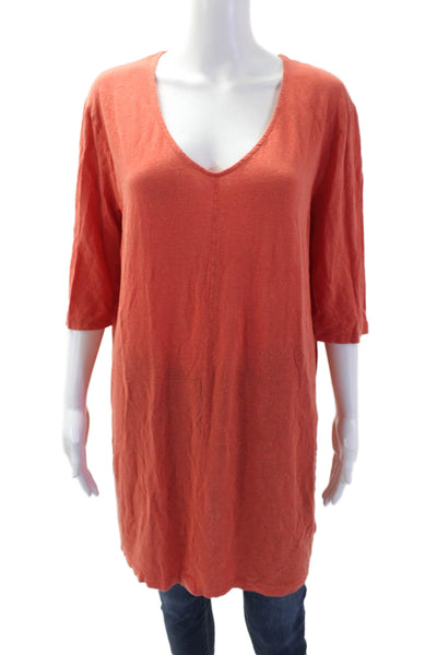 Majestic Filatures Women Orange Linen V-Neck Shift Dress 3/4 Sleeve Size 4