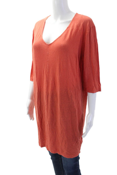 Majestic Filatures Women Orange Linen V-Neck Shift Dress 3/4 Sleeve Size 4