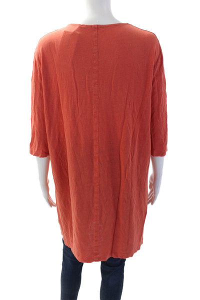 Majestic Filatures Women Orange Linen V-Neck Shift Dress 3/4 Sleeve Size 4