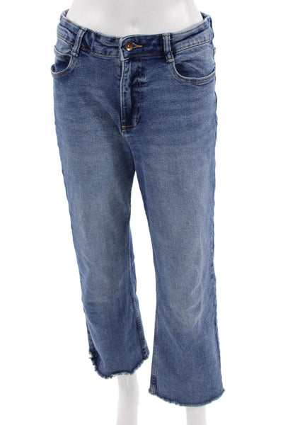 Zara, Women Cropped Straight Jeans Blue High Rise Button Size 8