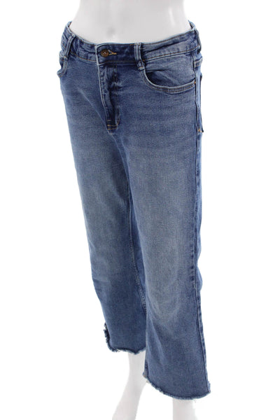 Zara, Women Cropped Straight Jeans Blue High Rise Button Size 8