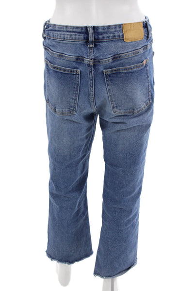 Zara, Women Cropped Straight Jeans Blue High Rise Button Size 8