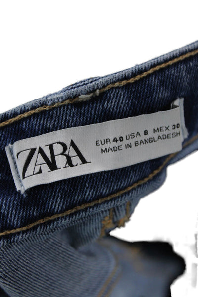 Zara, Women Cropped Straight Jeans Blue High Rise Button Size 8