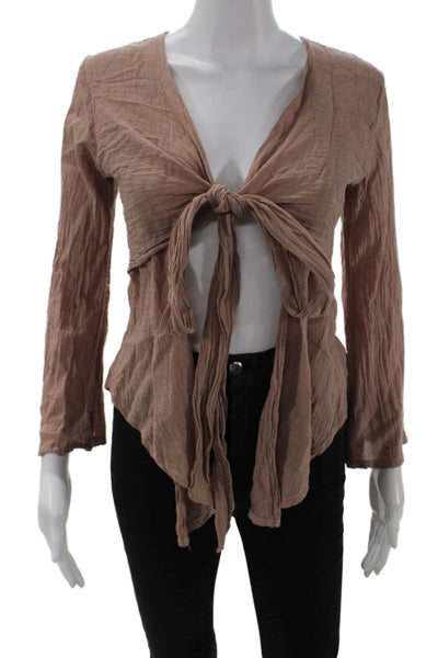 Sur La Plage Women Boho Brown Tie Long Sleeve Blouse Cotton Size S