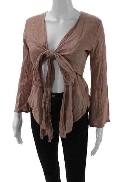 Sur La Plage Women Boho Brown Tie Long Sleeve Blouse Cotton Size S