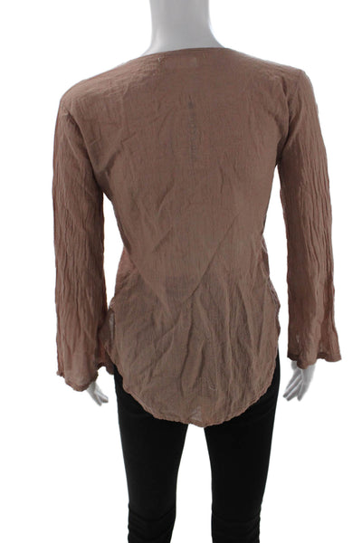 Sur La Plage Women Boho Brown Tie Long Sleeve Blouse Cotton Size S