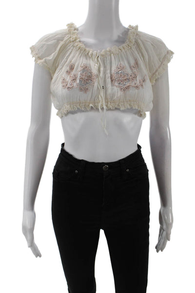 Jade Women Cropped White 100% Cotton Bohemian Short Sleeve Blouse Size M