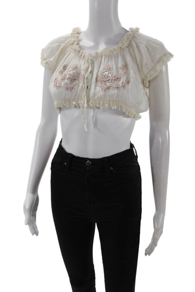 Jade Women Cropped White 100% Cotton Bohemian Short Sleeve Blouse Size M