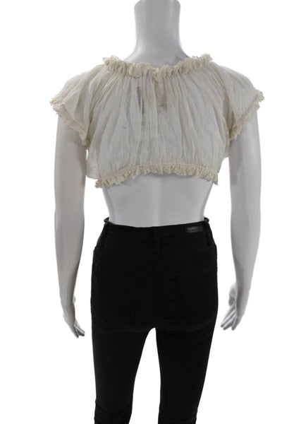 Jade Women Cropped White 100% Cotton Bohemian Short Sleeve Blouse Size M