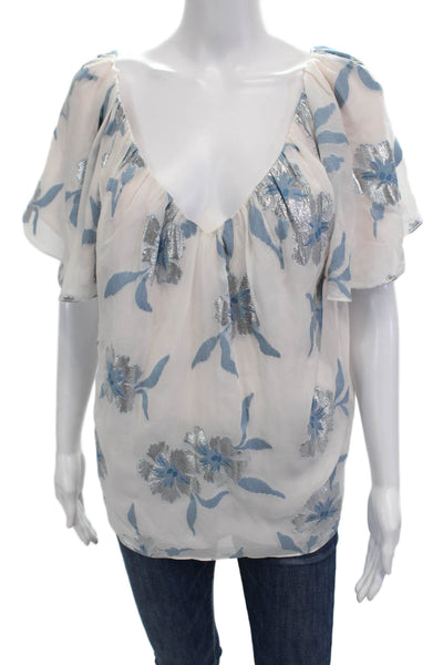 Rebecca Taylor Womens V-Neck Floral Tunic Short Sleeve White Size L