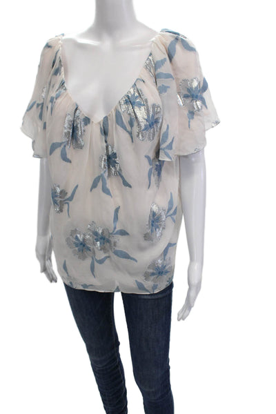 Rebecca Taylor Womens V-Neck Floral Tunic Short Sleeve White Size L