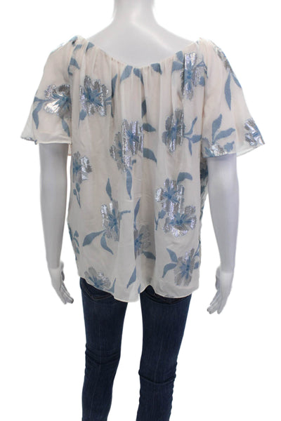 Rebecca Taylor Womens V-Neck Floral Tunic Short Sleeve White Size L