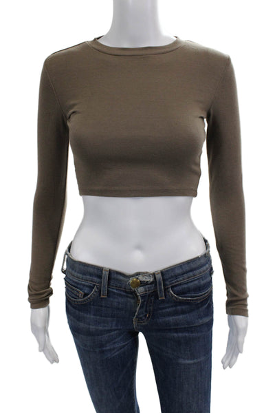 Zara Women Cropped Long Sleeve T-Shirt Brown Crew Neck Size S