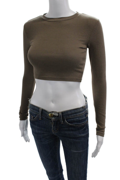 Zara Women Cropped Long Sleeve T-Shirt Brown Crew Neck Size S