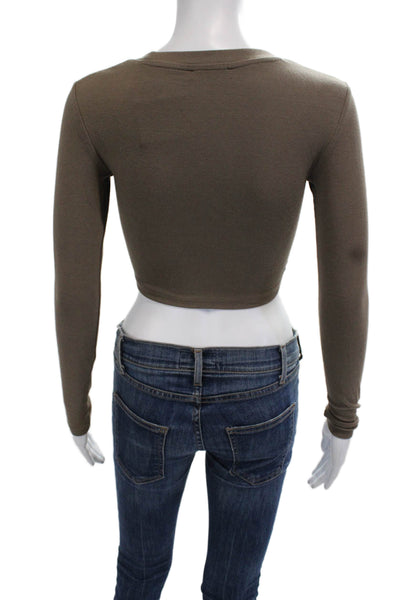 Zara Women Cropped Long Sleeve T-Shirt Brown Crew Neck Size S