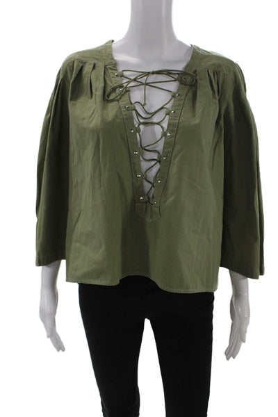 Jean Atelier Women Green Cotton 3/4 Sleeve Drawstring Blouse Army Size XS