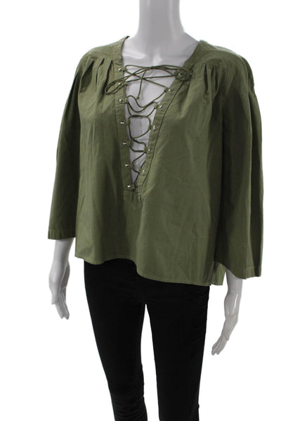 Jean Atelier Women Green Cotton 3/4 Sleeve Drawstring Blouse Army Size XS