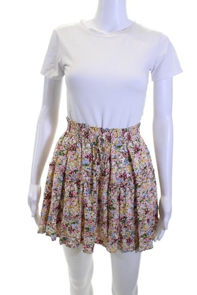 Designer Women Flare Mini Skirt Pink Floral Rayon Size S