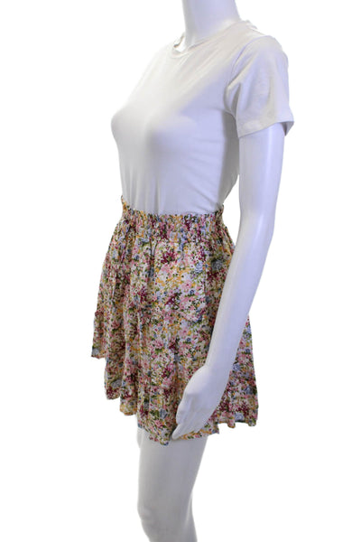 Designer Women Flare Mini Skirt Pink Floral Rayon Size S