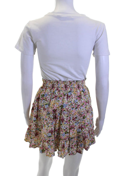 Designer Women Flare Mini Skirt Pink Floral Rayon Size S