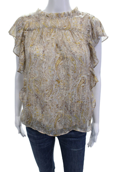 Joie Women Paisley High Neck Short Sleeve Blouse Beige Size S