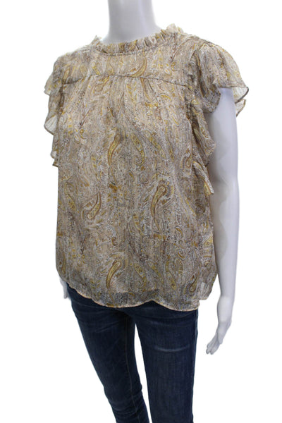 Joie Women Paisley High Neck Short Sleeve Blouse Beige Size S