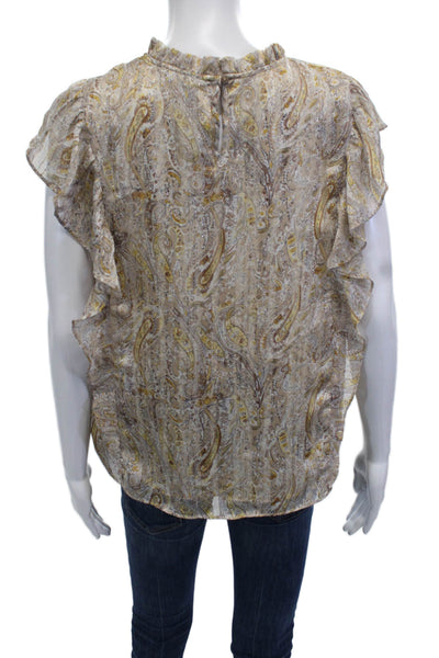 Joie Women Paisley High Neck Short Sleeve Blouse Beige Size S