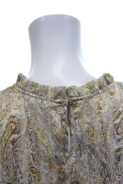 Joie Women Paisley High Neck Short Sleeve Blouse Beige Size S
