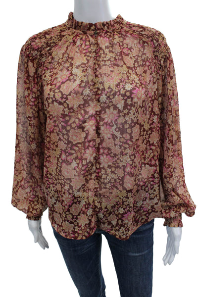 Joie Women Bohemian Floral Brown High Neck Long Sleeve Polyester Blouse Size M