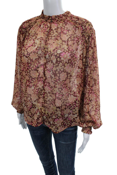 Joie Women Bohemian Floral Brown High Neck Long Sleeve Polyester Blouse Size M