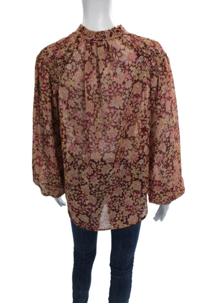 Joie Women Bohemian Floral Brown High Neck Long Sleeve Polyester Blouse Size M