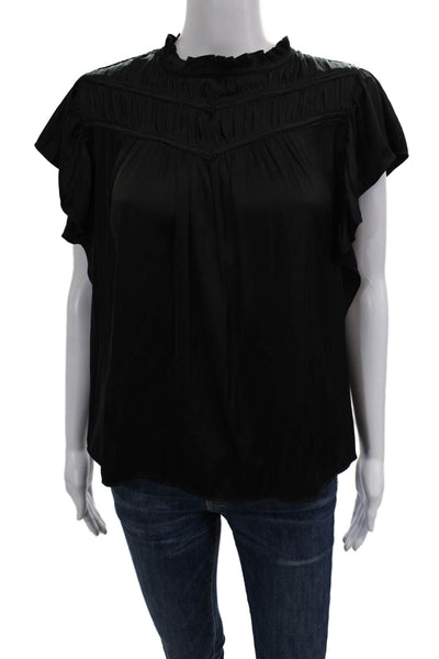 Joie Womens Black Silk Blend High Neck Short Sleeve Blouse Button Size M