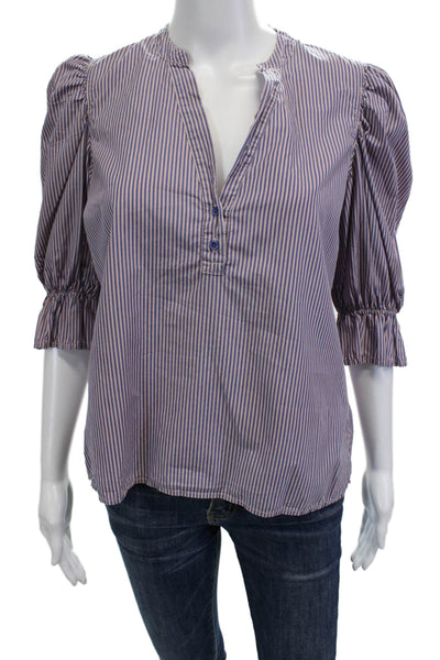 Nation LTD Women Striped V-Neck 3/4 Sleeve Pima Cotton Blouse Blue Size S
