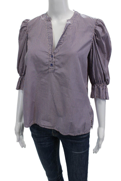 Nation LTD Women Striped V-Neck 3/4 Sleeve Pima Cotton Blouse Blue Size S